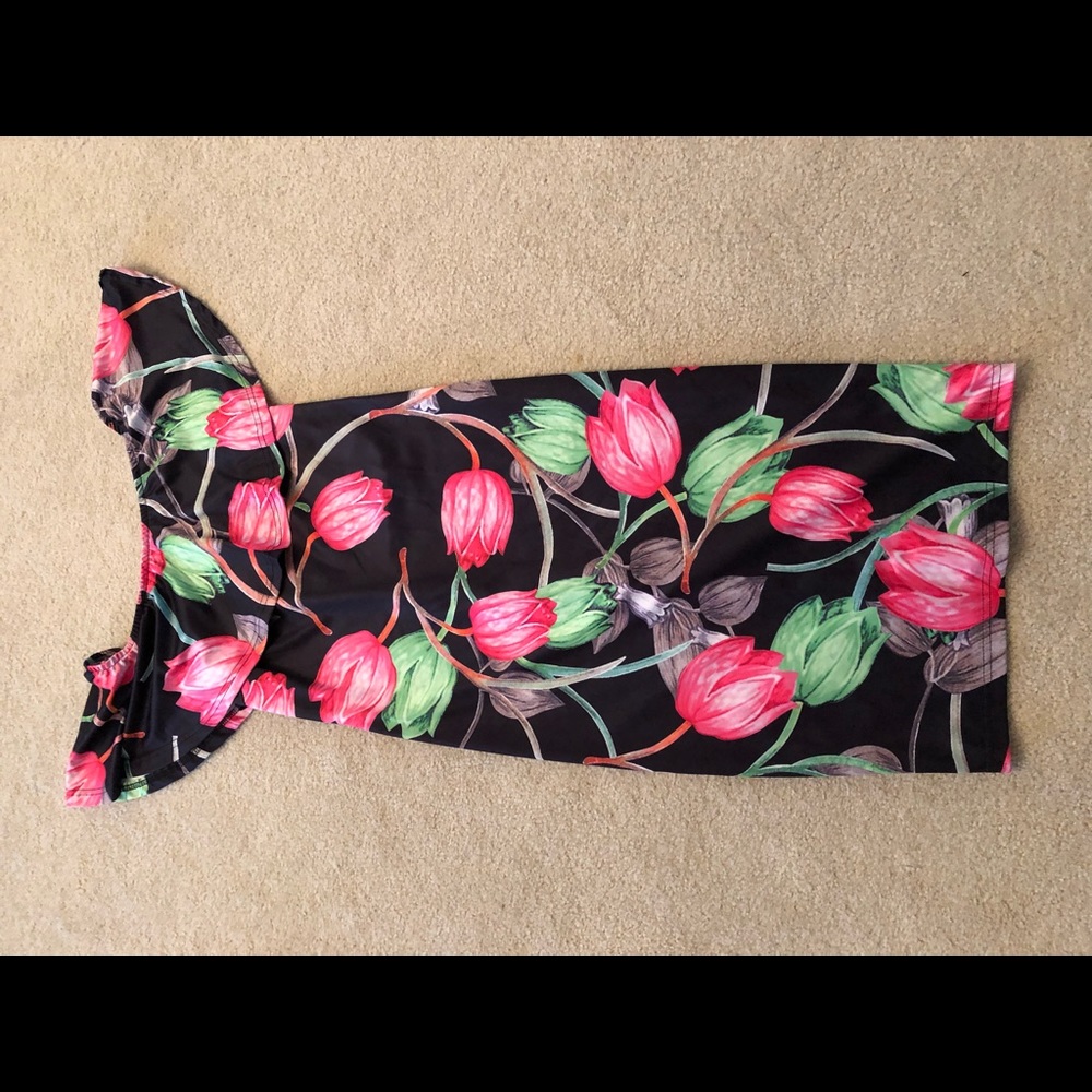 Floral stretch dress on or off the shoulder.